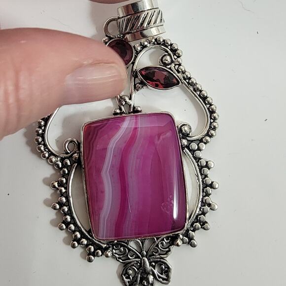 Handmade Silver Pendant Necklace with Pink Banded Agate & Garnet Accents - Picture 6 of 10
